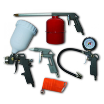 Pneumatikus készlet 5db, felültöltős festékszóró pisztoly, alultöltős festékszóró pisztoly, levegőfújó pisztoly, pumpáló nyomásmérővel, spiráltömlő